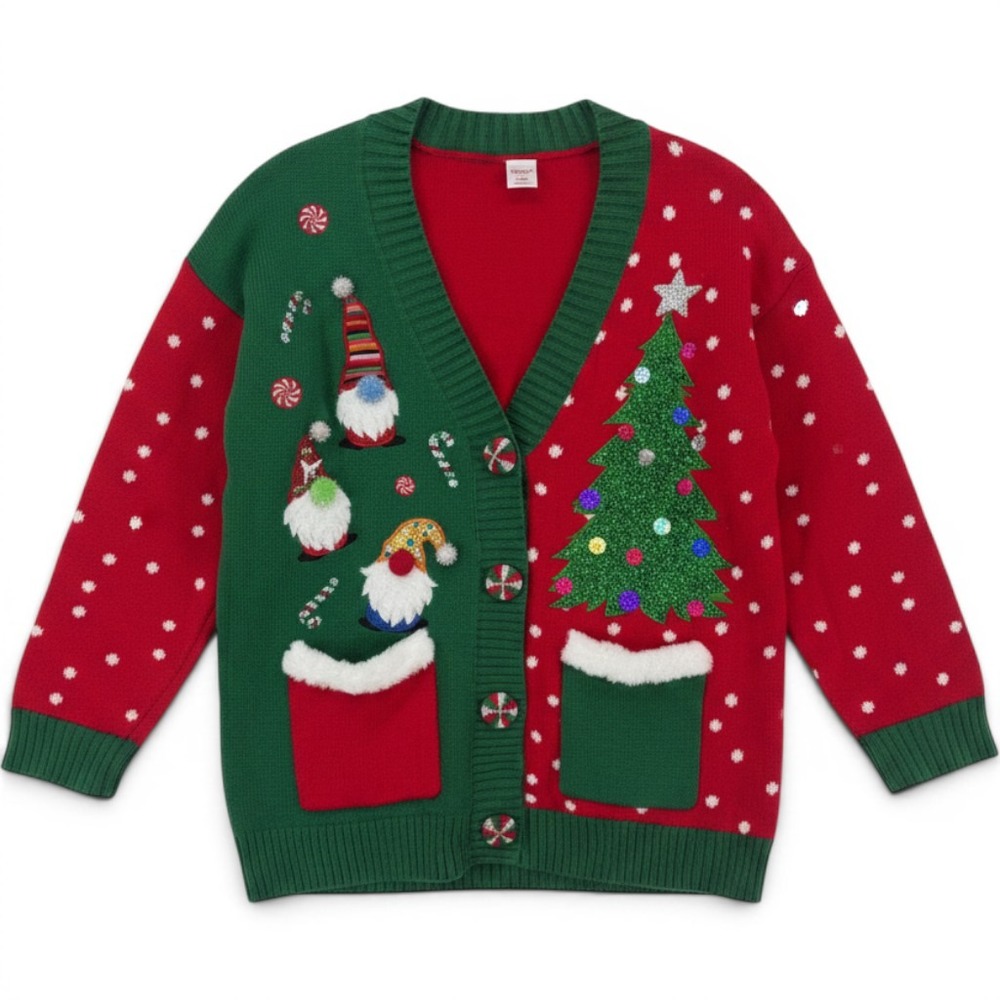 Holiday Time Womens Ugly Christmas Cardigan Sweater Gnomes Tree Red Green Small